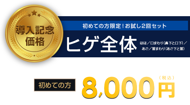 導入記念価格、初めての方限定！お試し2回セット「ヒゲ全体」